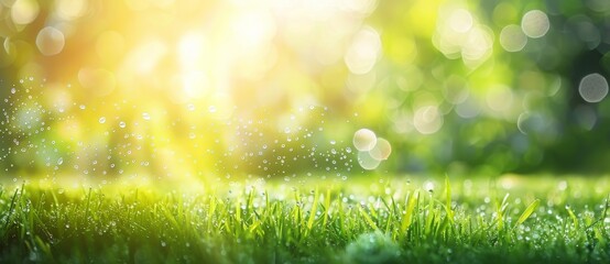 Obraz premium The background is made up of green grass with water drops and bright sunshine. Sunrise in the summer meadow. Creative banner. Copyspace image.