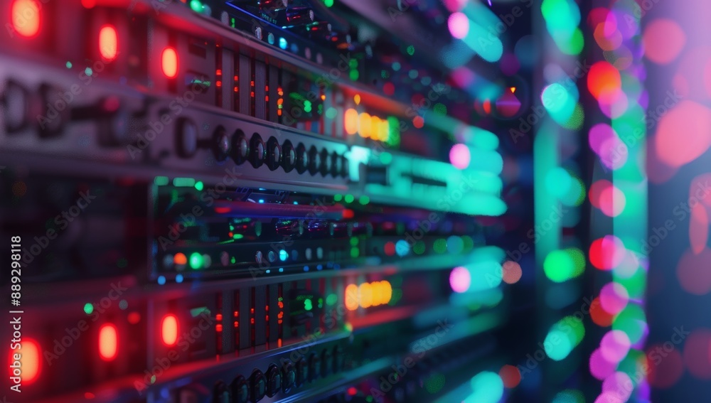 Aufkleber Glowing Server Racks with Multicolored Bokeh Lights in Data Center