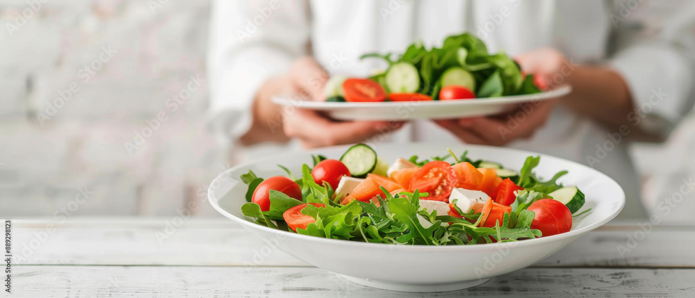 Sticker a person is holding two plates of salad, one of which has tomatoes and cucumbers