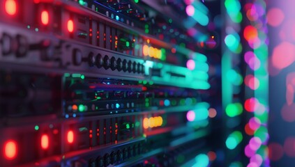 Fototapeta premium Glowing Server Racks with Multicolored Bokeh Lights in Data Center