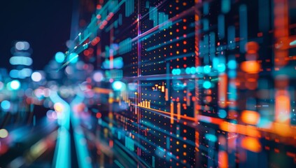 Futuristic cityscape with digital data visualization of stock market analysis