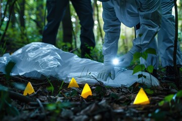 Forensic investigators diligently search a forest crime scene where a body is covered in a white sheet, with evidence markers placed around, emphasizing a thorough investigation.