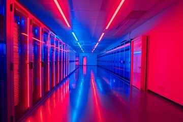 Futuristic server room with red and blue neon lights illuminating the aisles