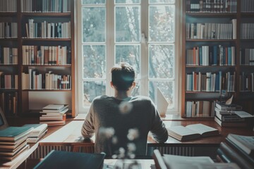 focused study of person at home immersed in books, digital resources, surrounded by soft, natural light and clean, minimalist study environments, reflecting dedication required for pursuing MBA degree
