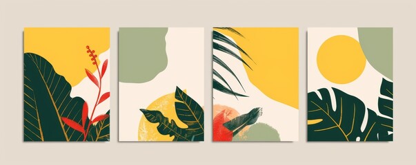 Obraz premium A collection of summer background images featuring leaves on a yellow background