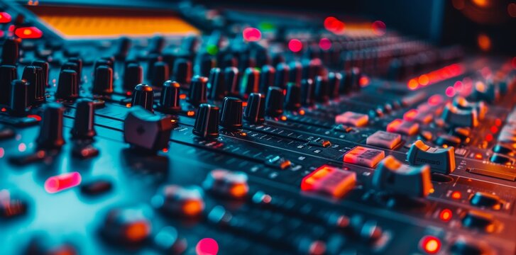 Futuristic Mixing Console with Glowing Buttons and Dials in a Dark Studio