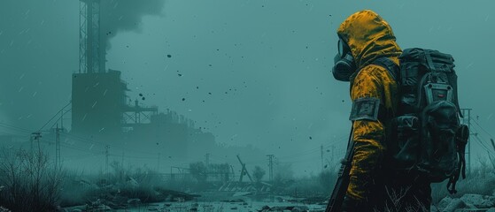 Stalker on the background of the nuclear plant