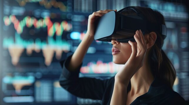 Virtual Financial Success - Businesswoman in VR Headset Monitoring Rising Stock Market Data