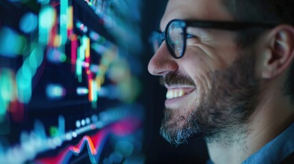 Successful Businessman Smiling at Rising Stock Prices on Transparent Screen - Economic Growth and Market Success Concept