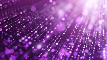 Abstract digital rain with purple and white glowing particles falling against a deep purple backdrop.