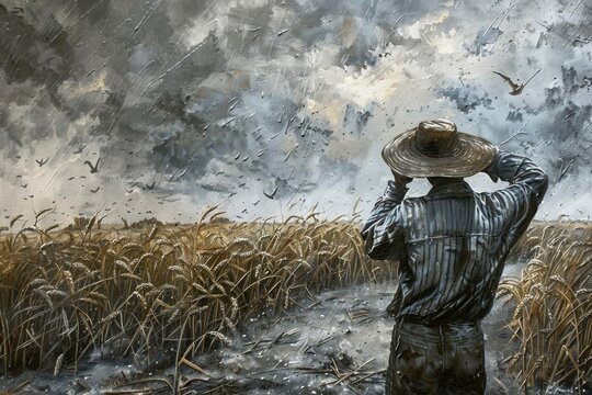 A farmer stands in a wheat field wearing a wide-brimmed hat, gazing at the dark, stormy clouds approaching. The field sways in the wind, creating a dramatic scene.