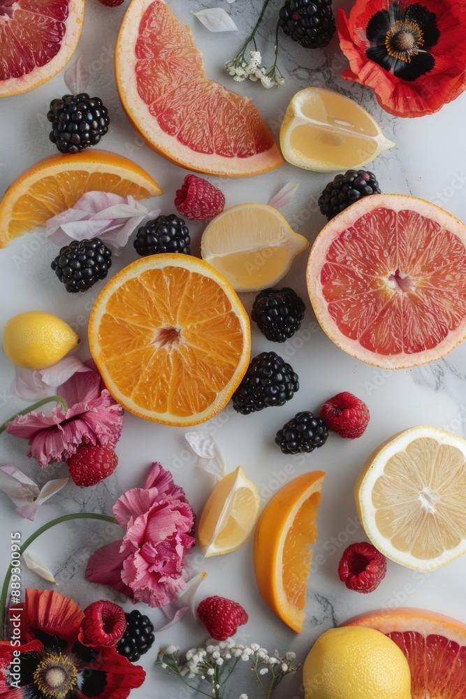 Poster a colorful arrangement of various fruits on a table