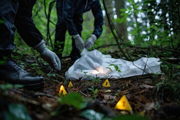 Fototapeta premium Two forensic investigators in protective gear examine a crime scene in a dense forest, marking evidence near a body covered with a white sheet, surrounded by lush greenery.
