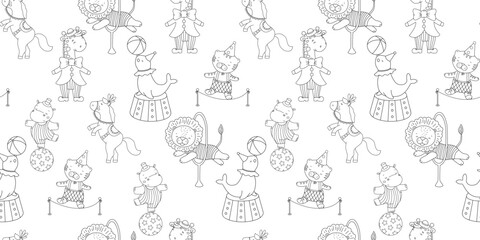 Seamless monochrome pattern with cute circus animals. Childish hand drawn line background. © Elena