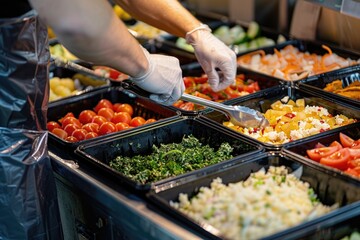 Obraz premium A person in a kitchen preparing food in plastic containers, use for lifestyle, wellness and health topics