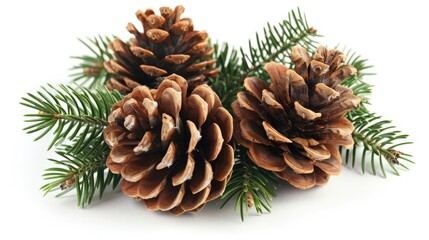 Pine Cones with Branch on White Background. Green Object Isolated