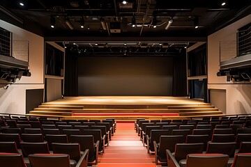 Empty Theater Stage with Rows of Seats