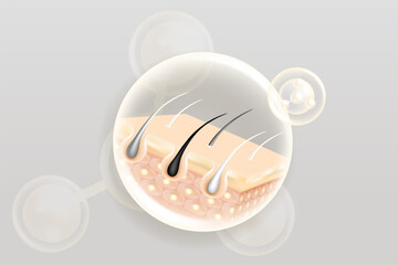 Hyaluronic acid and Niacinamide gray hair and skin solutions ad, white collagen serum drops into skin cell with cosmetic advertising background ready to use, illustration vector.	