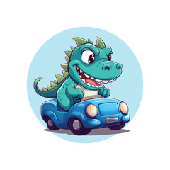 mascot of a cute dino driving a car