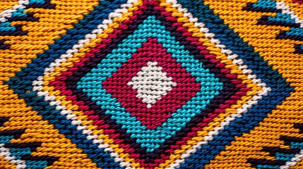Ethnic geometric fabric pattern in cross stitch, featuring detailed motifs in natural colors