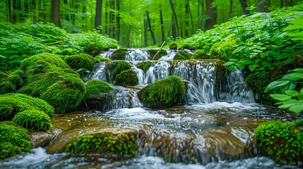 A cascading stream flows gently over moss-covered rocks in a lush, green forest, creating a serene, tranquil atmosphere. Ideal for nature-themed projects, relaxation and meditation content