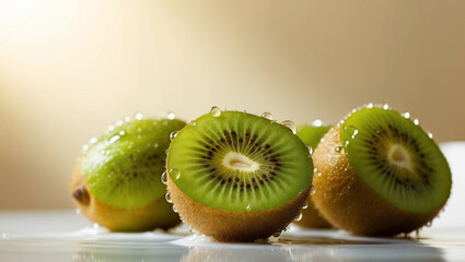 Fresh kiwis with water droplets in soft sunlight