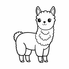 Сute alpaca for coloring page for kids education. Black and white line illustration