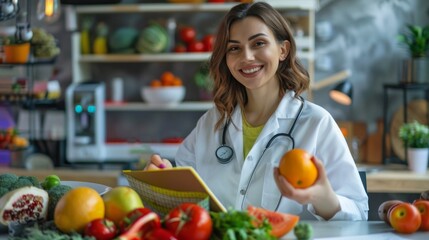 Smiling nutritionist holding an orange and using a tablet in a modern kitchen. Professional dietitian promoting healthy eating and lifestyle. Image illustrates nutrition and medical advice. AI