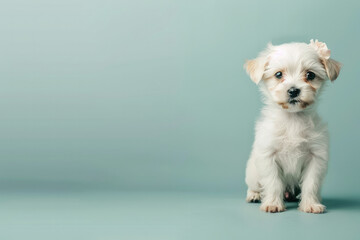 Adorable small white dog with a cute bow on a blue background. Perfect for pet grooming salons, veterinary clinics, and pet adoption agencies. High-quality image ideal for promotional materials