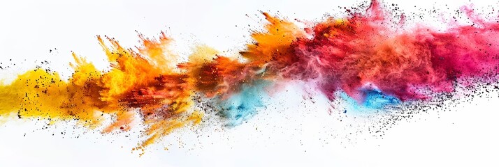 Obraz premium A high-quality professional photograph of a wide-angle shot showing colorful powder exploding against a white backdrop