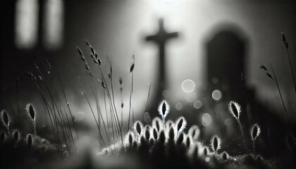 Silhouette of Cross in a Serene Graveyard