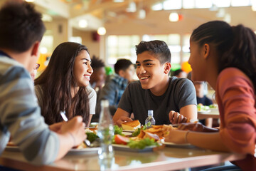 Teenagers enjoy their time together at a school cafeteria, chatting and laughing over lunch. 