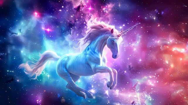 A beautiful magical unicorn with colorful long mane in space