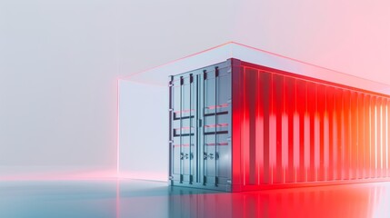 Obraz premium Produce a 3D corporate visual featuring a streamlined container in motion, illuminated brightly in red and white, against a simple white backdrop. 