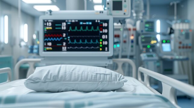 A healthcare environment with IoT sensors monitoring patient vitals, wearable devices collecting health data, and centralized data collection for improved patient care and medical research