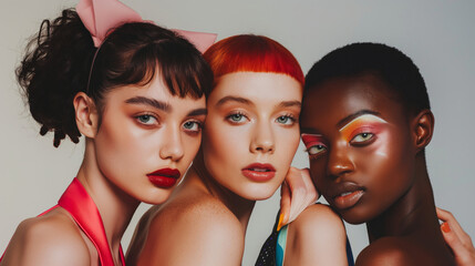 Diverse models showcasing vibrant beauty trends in a studio setting
