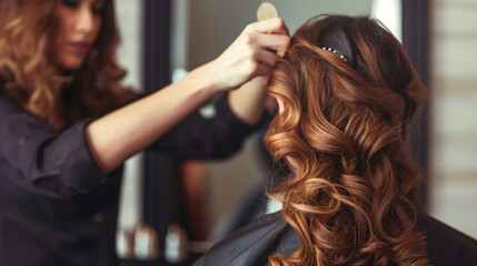 Fototapeta premium Professional hairstylist styling curly hair in salon