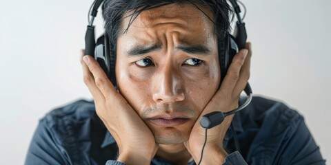 Confused young Asian dude call center agent with headache at workplace computer. Support helpdesk consultant making mistakes and dealing with challenging customers