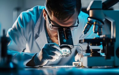 scientist looking through microscope