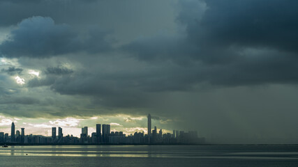 A storm over the city high-rise buildings.