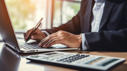 A Caucasian businessman uses a calculator on a laptop in an office. Accountant handles financial planning and internet banking. Budgeting and taxes. Trading broker investing and saving