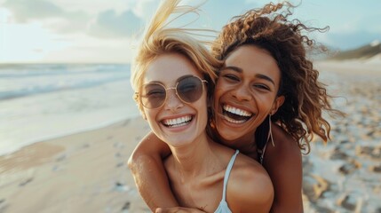 Fototapeta premium Happy, loving, and connecting women, friends, and piggy back on beach, vacation, and weekend break. Woman, girls, and enjoyment on summer vacation, retreat, or outdoor play.