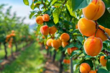 Beautiful orchard with ripe apricots hanging on trees