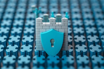 A robust firewall, depicted as an impenetrable digital fortress, safeguarding a bustling data center, free space for text