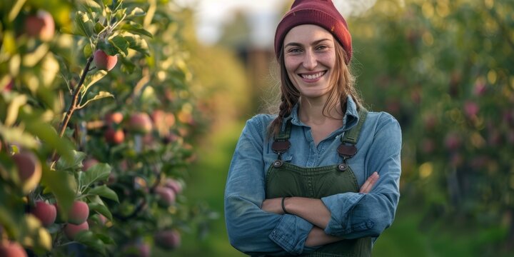 Photograph of a gorgeous female fruit field worker with her arms crossed during harvest season. Sunny July farmer between fruit trees. Farming produces