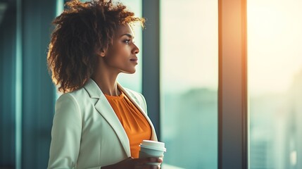 Obraz premium A young mixed-race entrepreneur drinks coffee alone in her office while looking out a window. Confident Hispanic businessperson drinking coffee on a break while standing at work staring out a window.