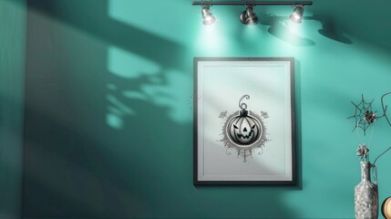 A single frame mockup featuring Halloween ornament line art, mounted on a bright cyan wall with spotlights highlighting its features. 