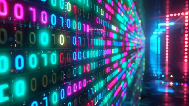 A wall of glowing binary code in various colors stretches into the distance, surrounded by neon lights.