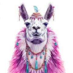 A detailed watercolor illustration of a llama adorned in a mystical midnight costume