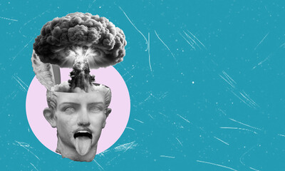 Modern art collage depicting a businessman, manager, and team leader with a volcano explosion head...